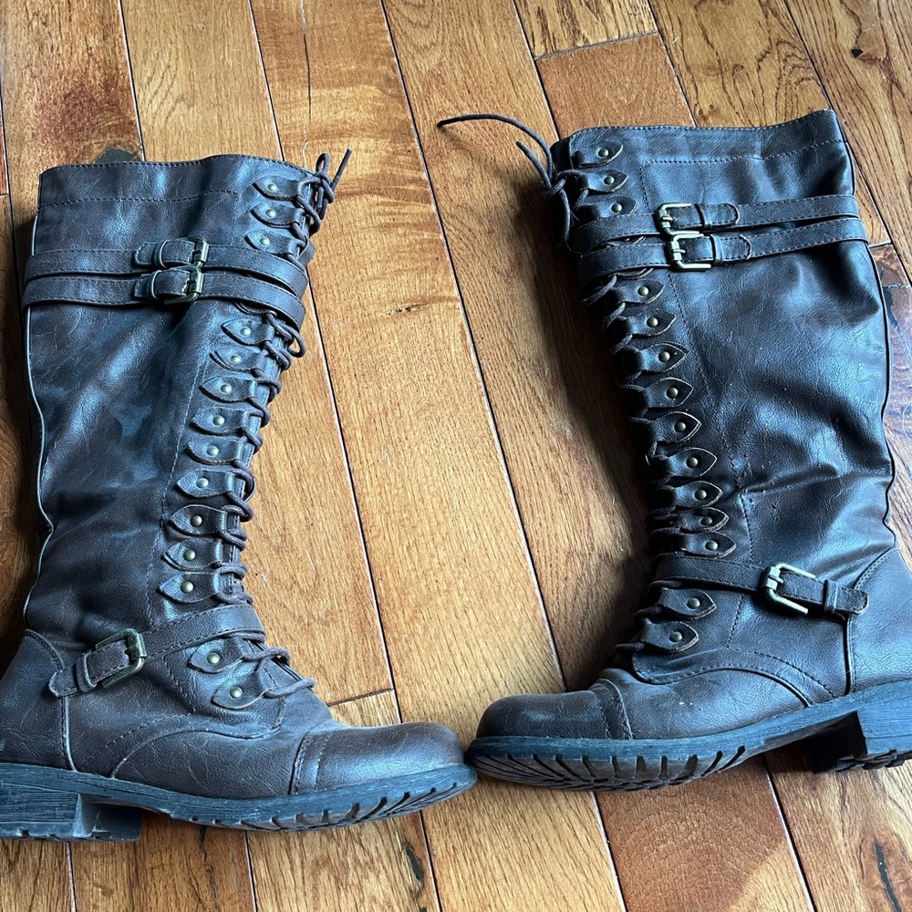 Charlotte Russe Brown Combat Moto Boots Lace-Up
